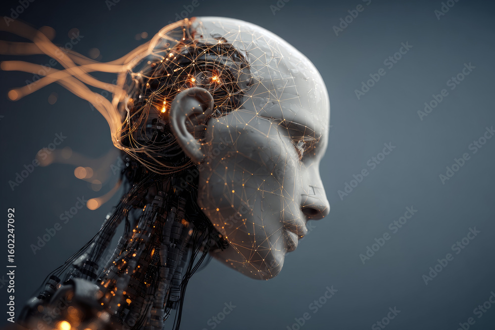 Aufkleber ai or artificial intelligence in image humanoid face head in profile view. ai solves problem. bald h
