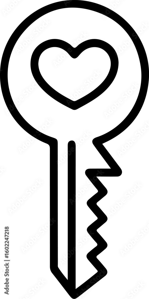 Poster simple outline icon of a key with a heart shape inside the bow representing love and access