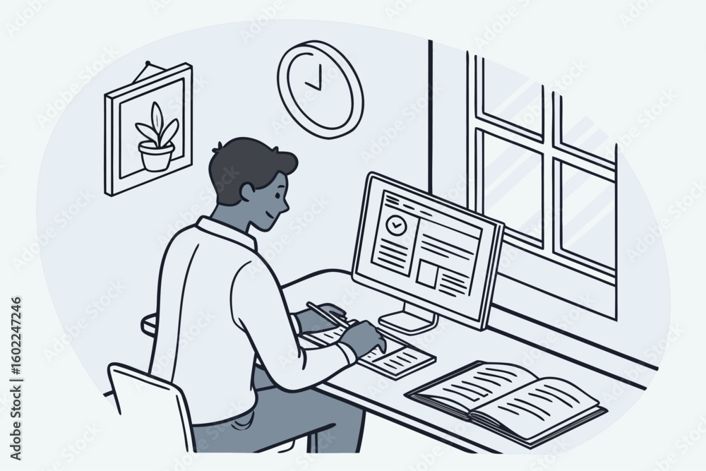 Poster person engaged in studying and working at a desk with a computer and books in a bright indoor enviro