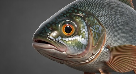 Close-up of a fish, displaying detailed scales and vibrant eye.