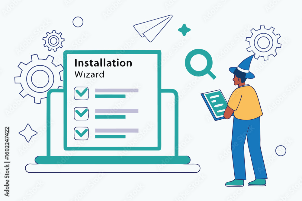 Poster digital wizard interacting with an installation wizard interface, showcasing checklist items in a te