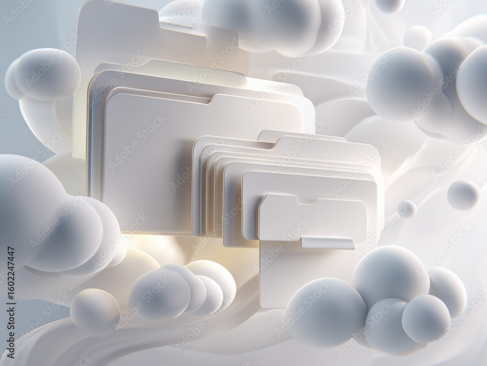 Poster modern cloud storage concept with elegant file folders floating in abstract white space, ideal for d