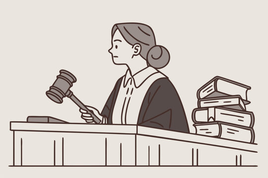 Courtroom scene featuring a female judge presiding over a trial with legal books stacked nearby and a gavel in hand during a formal proceeding