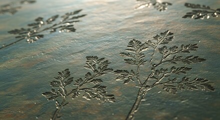 Botanical Impression: A detailed macro shot showcases embossed botanical patterns, elegantly pressed onto a textured canvas with captivating detail, evoking the tranquility of nature.