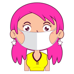 girl pink hair hair wear medical mask cartoon cute