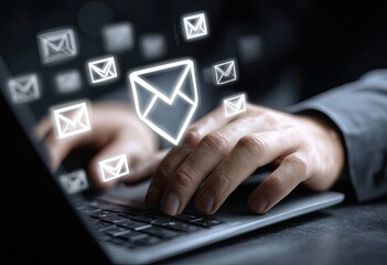 Hands typing on laptop with email security icons overlay