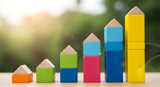 Colorful building blocks arranged in an ascending bar graph against a blurred outdoor background