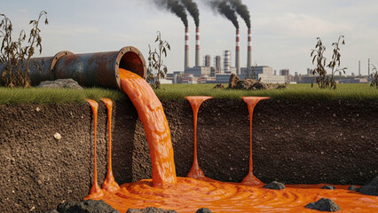 Toxic Industrial Waste Leaking into Soil – 3D Illustration Showing Ground Pollution, Environmental Contamination, and Hazardous Chemical Impact on Nature

