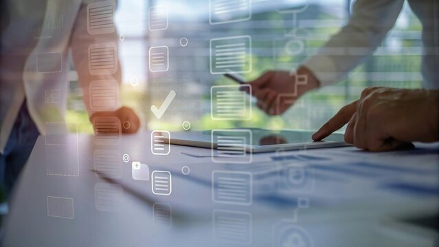 Business professionals collaborating on a project with digital data overlay