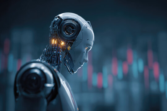 AI. Artificial intelligence. Head robot hanging over podium and look at virtual dashboard. Supercomputer in image futuristic cyborg head. Machine learning technology, neural networks