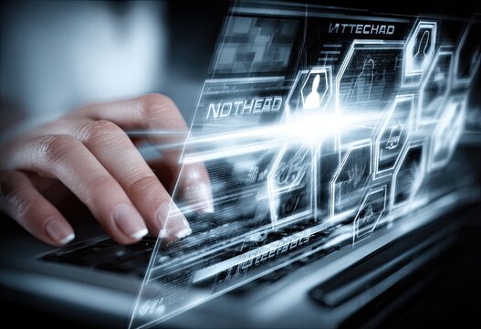 Close-up of a hand typing on a futuristic laptop with holographic displays - Powered by Adobe