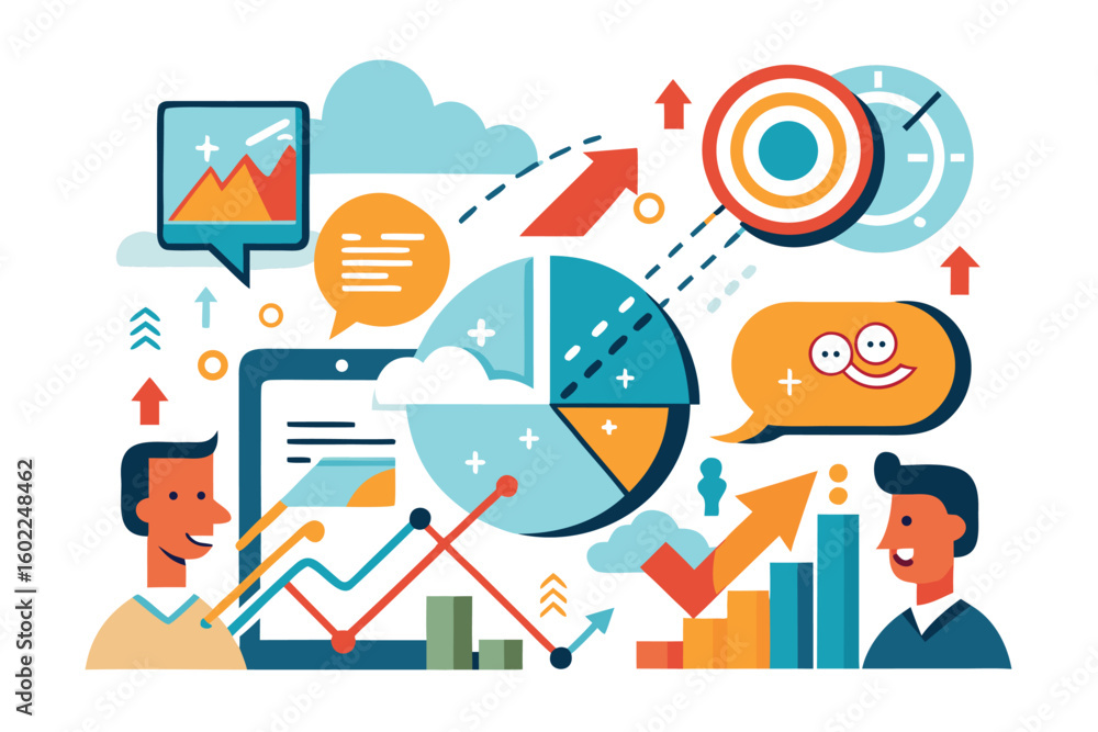 Poster visual representation of data analytics with colorful graphs, charts, and characters engaged in anal