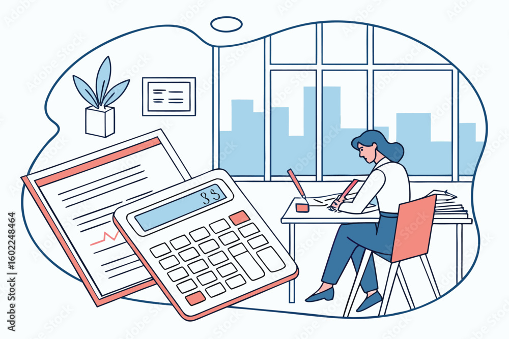 Poster professional working environment in a modern office setting with a woman using a calculator and taki