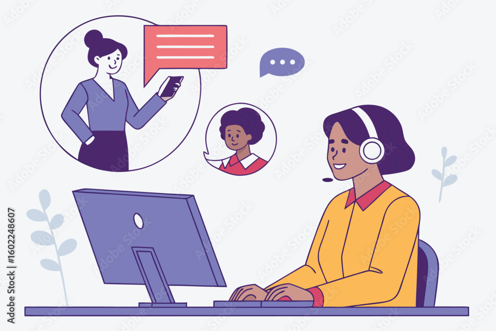 Poster engaging with customers through technology in a modern workspace setting during a busy workday