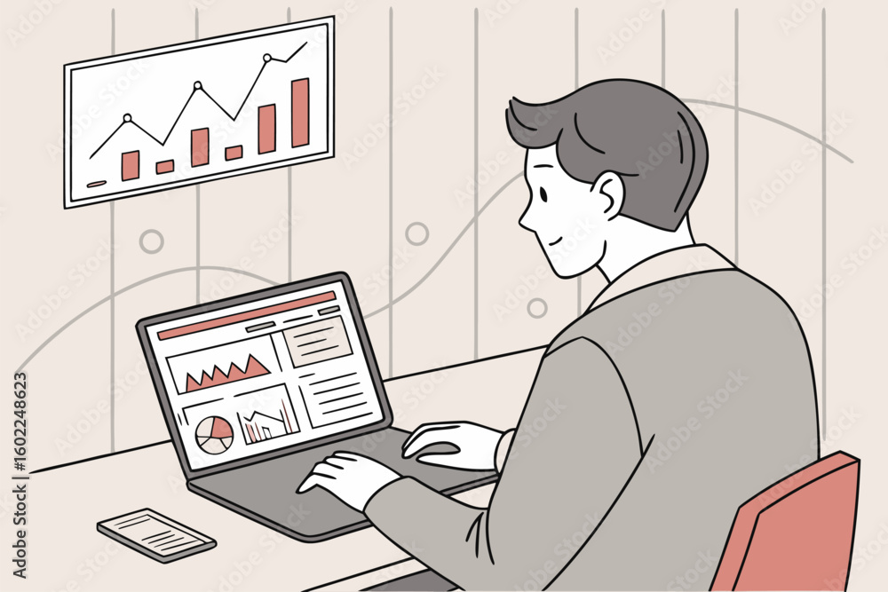 Aufkleber business professional analyzing data trends on laptop while sitting at a desk with charts displayed 