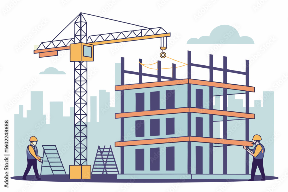 Poster construction workers build a modern structure with a crane and scaffolding in an urban environment d