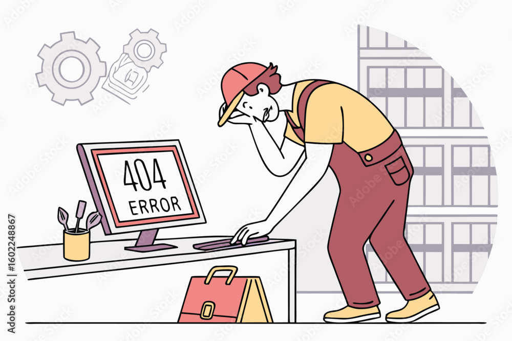 Aufkleber frustrated worker encountering 404 error while troubleshooting computer issue in a modern office set