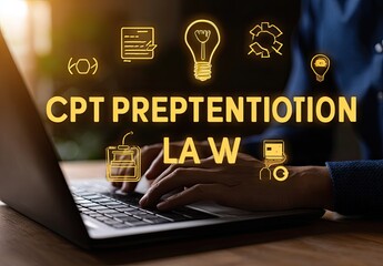 Close-up of hands typing on a laptop with the phrase "CPT PREPENTION LAW" highlighted.  Abstract tech icons are visible