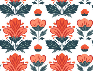 Vector seamless pattern with geometric flowers in row. Texture with decorative red flowers on white background. Tracery floral backdrop for wallpaper and wrapping paper