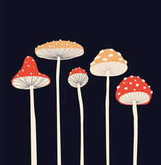 Vector card with stylized fly agarics on dark background. Drawn magic amanita mushrooms in naive style for postcards, book illustrations, stickers.