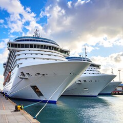 Cruise ships docked in port, clear blue sky