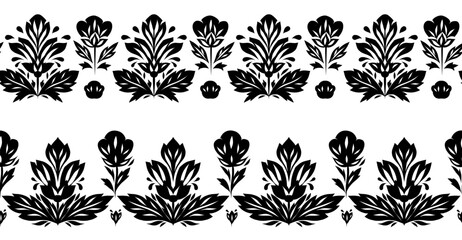 Vector set of seamless borders with black silhouette of decorative flowers. Collection of tracery friezes with stylized flowers. Floral horizontal borders for brushes, dividers and picture frame