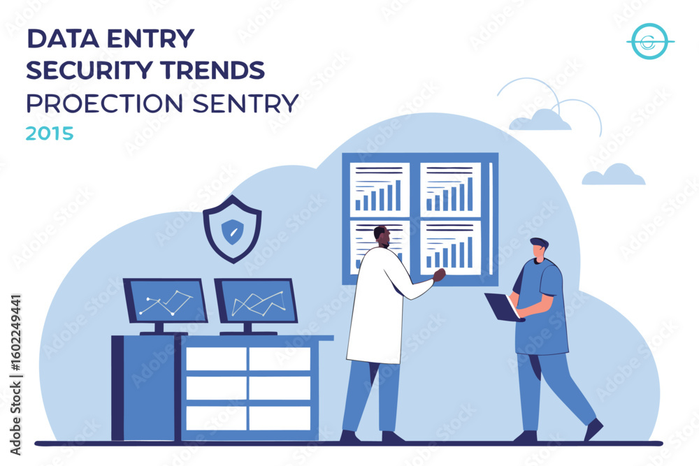 Poster data entry security trends overview displayed in an office setting with professionals analyzing grap
