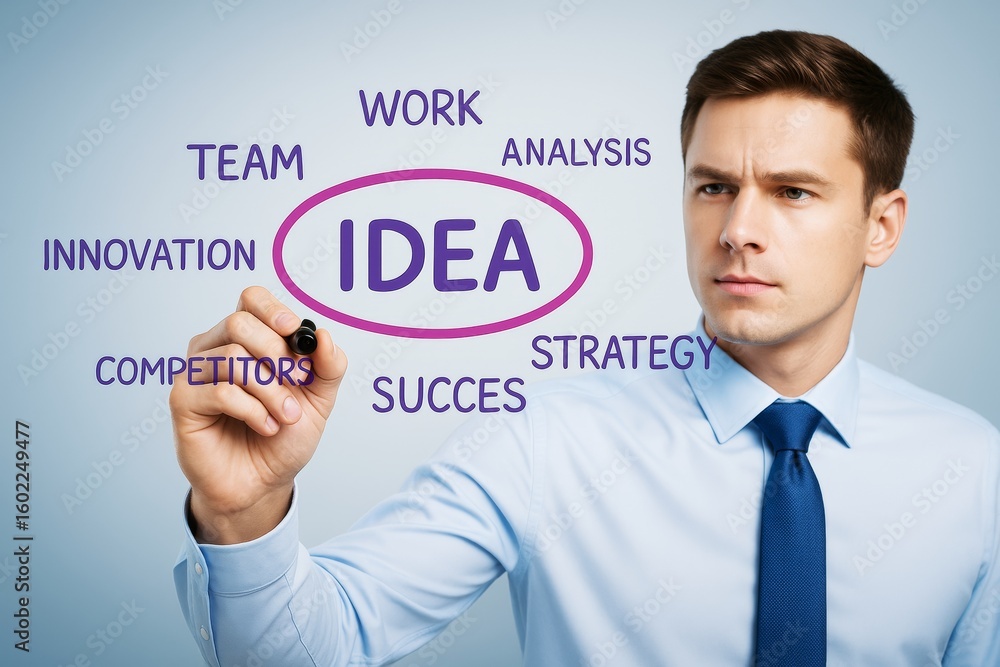 Aufkleber businessman writing idea and strategy concepts on transparent screen with keywords around on light b