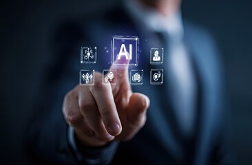 Businessperson interacts with a holographic AI interface displaying various AI applications