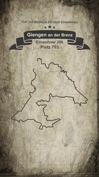 Giengen an der Brenz map vertical video - Biggest cities of Germany drawn on a cartography background