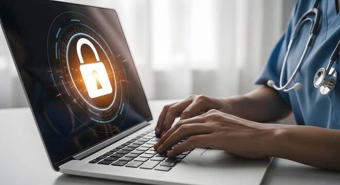 Healthcare professional securing patient data on a laptop with a digital padlock icon