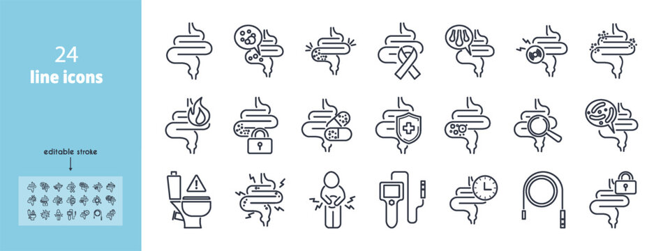 Line intestine pain and bowel symptoms icon set for  with vector illustration of diarrhea, abdominal ache and disorder. Editable pictogram gut disease. Use for medical presentation.