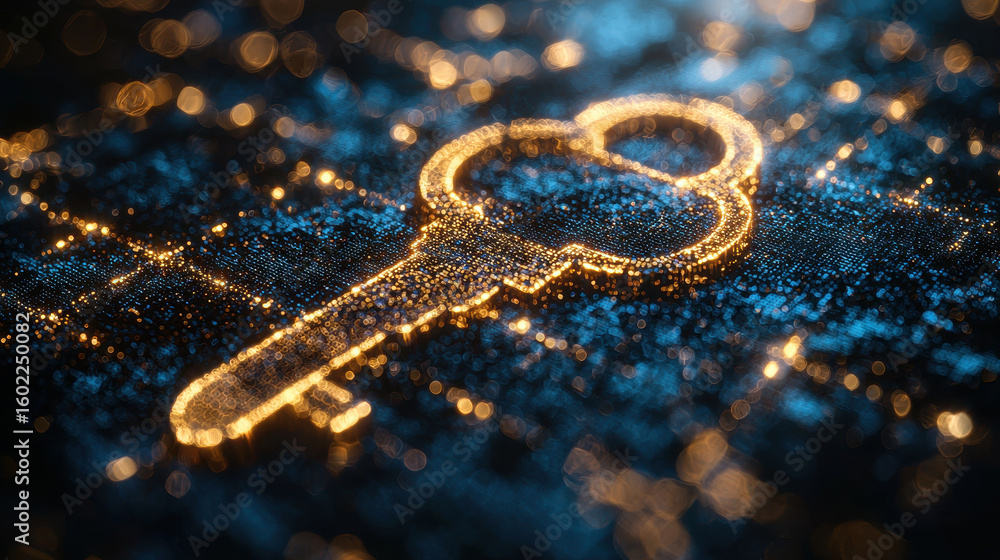 Poster glowing key digital abstract blue gold security technology minimal flat futuristic sparkly concept e