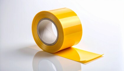 Yellow adhesive tape roll standing upright on white background