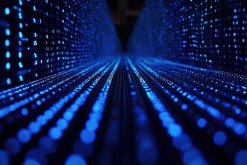 Blue binary light pathway showcasing data and futuristic digital patterns