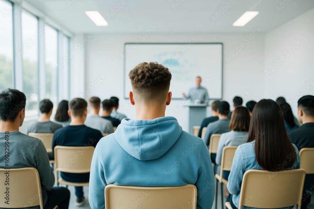 Poster students attending lecture in modern classroom setting with bright background and natural light from