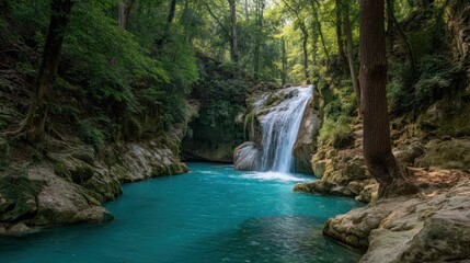 Fototapeta premium A bright blue waterfall in a lush forest, energetic and fresh