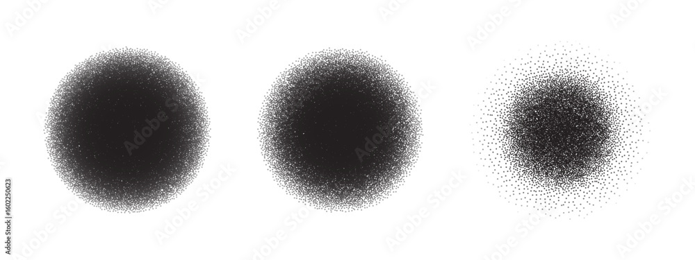 Aufkleber three circular dot shapes with grainy spray texture and gradient noise. vector abstract pattern in b