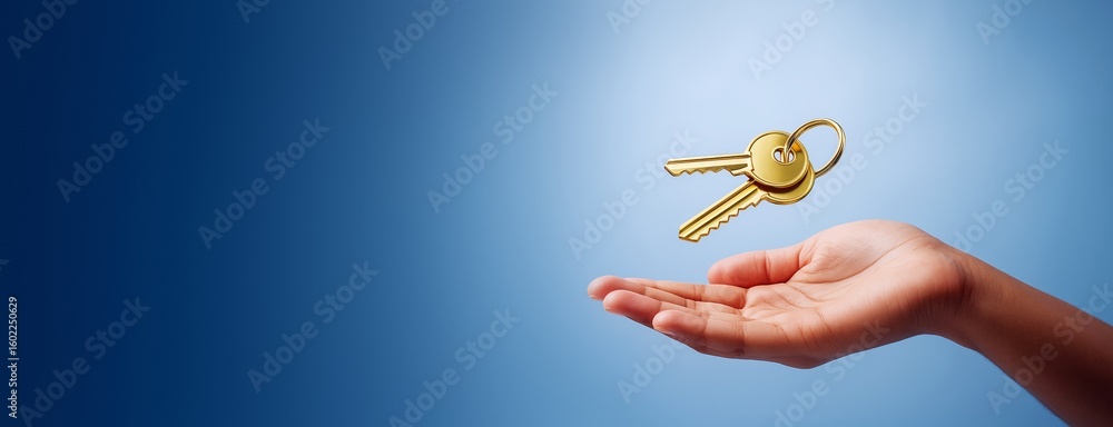 Aufkleber golden keys floating above open human hand on blue gradient background with copy space for real esta