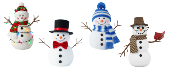 Set of decorative snowmen in various winter hats