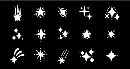 Set of shining star icons and sparkle symbols in black and white silhouette style. Collection of glowing light effects, twinkle, glitter, and cosmic shapes. Perfect for decorative design, digital art,