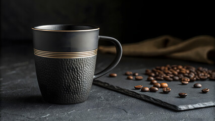 Aromatic Coffee: A captivating close-up showcases a dark, elegant mug filled with steaming coffee, accompanied by roasted coffee beans on a slate, evoking the rich aroma and comforting warmth.