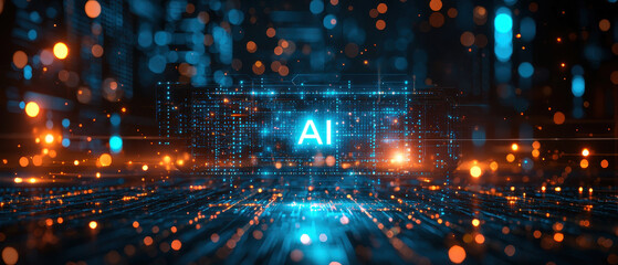 AI digital technology futuristic glowing network data abstract blue orange minimal