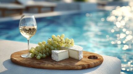 Cheese Board on Poolside Lounger with Blue Water Behind