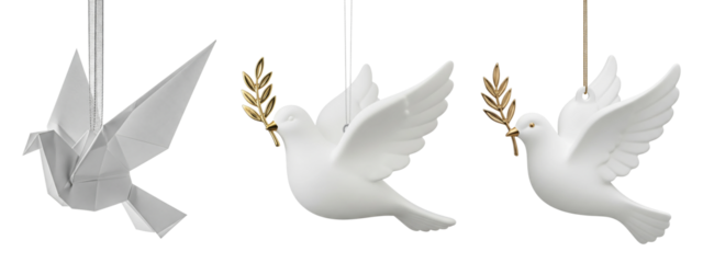 Collection of white dove ornaments with golden olive branches and origami design