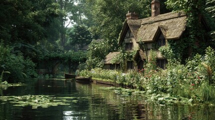 Obraz premium A thatched-roof cottage nestled beside a tranquil waterway, lush greenery enveloping the idyllic scene; a small rowboat rests gently on the calm water, reflecting the surrounding foliage
