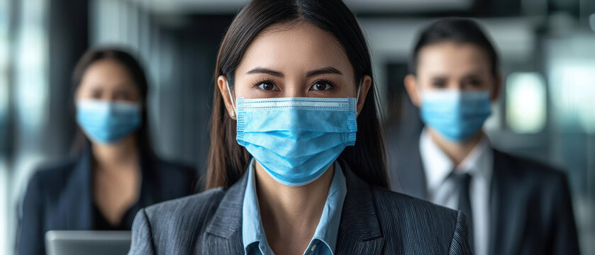 Asian businesswoman suit mask office professional confident team pandemic safety modern workplace standing together determination focus leadership teamwork health protection corporate indoor group - Powered by Adobe