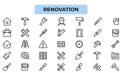 Renovation Line Icons – Vector Pack Featuring Construction Tools, Paint Supplies, Handyman Equipment, Blueprints, Safety Signs, and Home Improvement Symbols for Contractors and Designers