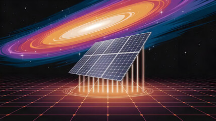 Futuristic Solar Panel Absorbing Cosmic Energy with Galaxy Background and Sci Fi Renewable Power Concept