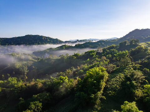 Aerial view of mist-shrouded, verdant hills rolling into the horizon under a clear sky, creating a tranquil, ethereal landscape, San Enrique, Western Visayas, Philippines.